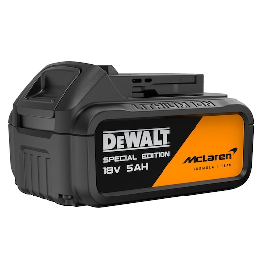DEWALT 18V 5Ah lithium-ion battery, McLaren Formula 1 Team Special Edition, black and orange casing.