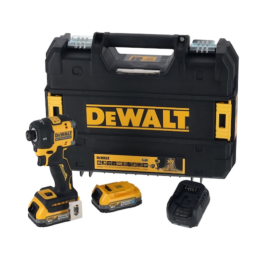 DEWALT power tool kit with impact driver, battery, charger, and carrying case in black and yellow.