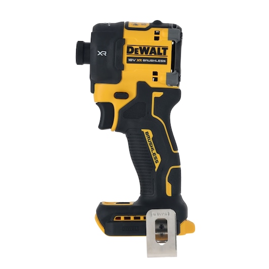 DEWALT 18V XR brushless impact wrench shown in side view, yellow and black, no battery attached.