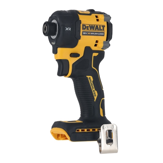 DEWALT 18V XR brushless impact driver with yellow and black design and metal belt clip.