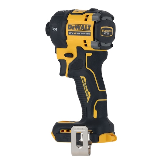 DEWALT 18V XR brushless impact wrench tool, black and yellow, side view with metal belt clip.