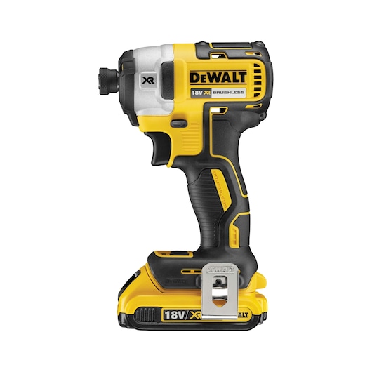 A DEWALT 18V XR brushless cordless impact driver in yellow and black, shown upright with its battery attached.