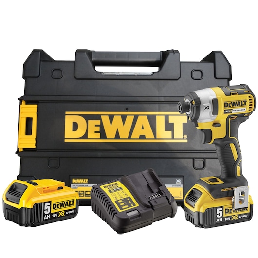 DEWALT DCF887P2 kit with impact driver, charger, battery and black carrying case.