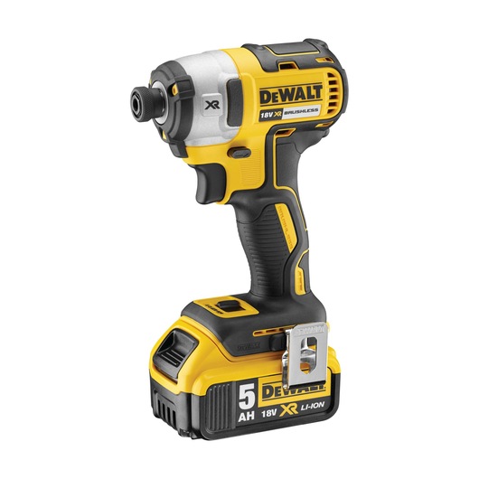 Yellow DEWALT 18V XR brushless cordless impact driver with a 5Ah lithium-ion battery.