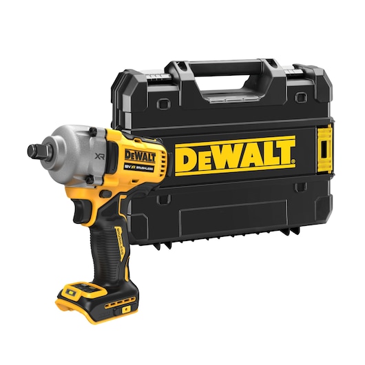 DEWALT cordless impact wrench with brushless motor and black carrying case, both branded with DEWALT logo.