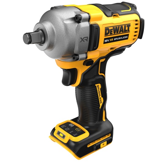 DEWALT 18V XR Brushless impact wrench with yellow and black design, ergonomic handle, and control buttons.