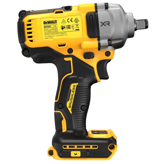 DEWALT DCF891N cordless impact wrench with brushless motor, shown in yellow and black, side view.