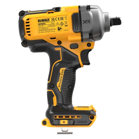 A DEWALT DCF892NT cordless brushless impact wrench shown in closeup, primarily yellow and black, with product labels and specifications visible.