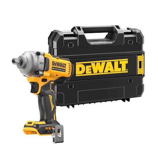 DEWALT cordless impact wrench with a black carrying case, both showing prominent yellow DEWALT branding.