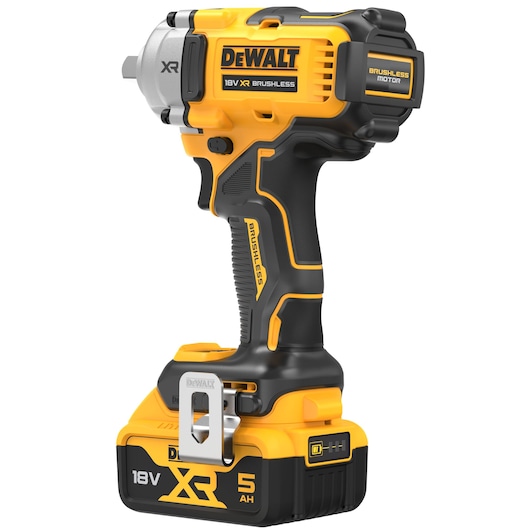 A DEWALT 18V XR Brushless impact driver with a 5Ah battery, shown in yellow and black color. The tool features a brushless motor and is designed for efficient and powerful performance.