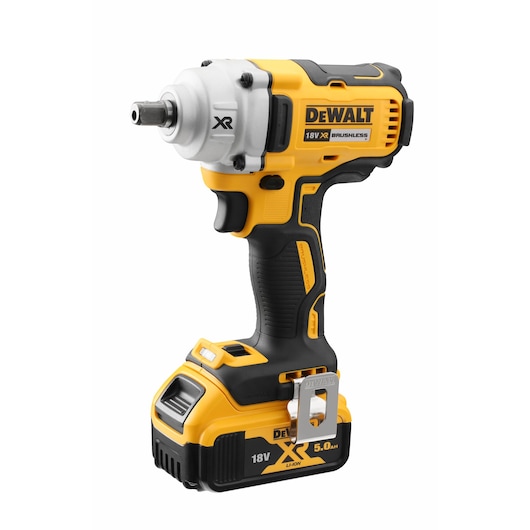 DEWALT 18V cordless impact wrench with brushless motor and 5.0Ah battery, yellow and black design.