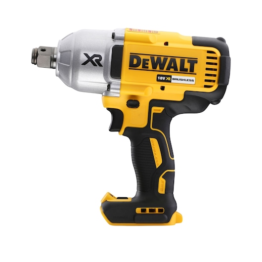 DEWALT 18V cordless brushless impact wrench with black and yellow body, shown on a white background.