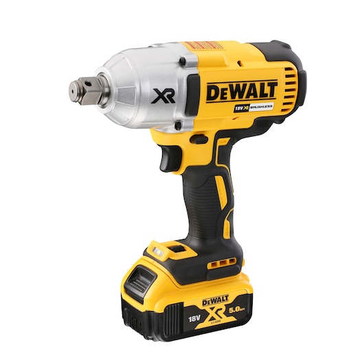 DEWALT 18V XR cordless impact wrench, yellow and black, with battery attached, for heavy-duty fastening tasks.