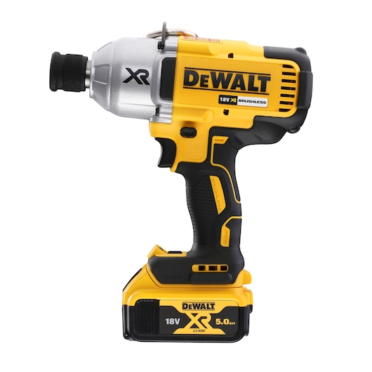 DEWALT 18V XR cordless impact driver with brushless motor, yellow and black, side view.