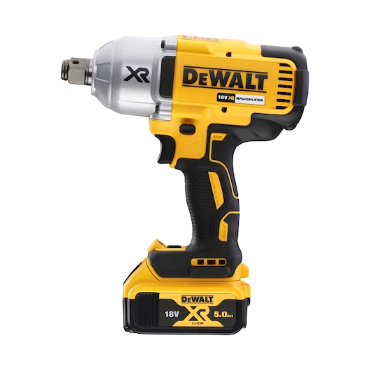 DEWALT 18V XR brushless cordless impact wrench tool with battery, yellow and black design.