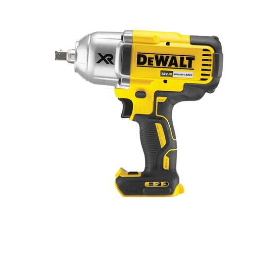 Cordless DEWALT impact wrench, yellow and black, 18V XR brushless model, shown without battery.
