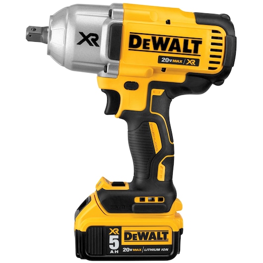A DEWALT DCF899P2-QW cordless impact wrench with a yellow and black design, featuring an 18V XR brushless motor and a 5.0Ah Li-Ion battery.
