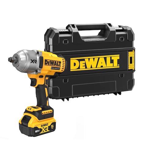 DEWALT impact wrench with case, SKUs DCF900NT-XJ, DCF900NT. Tool shown upright, case behind.
