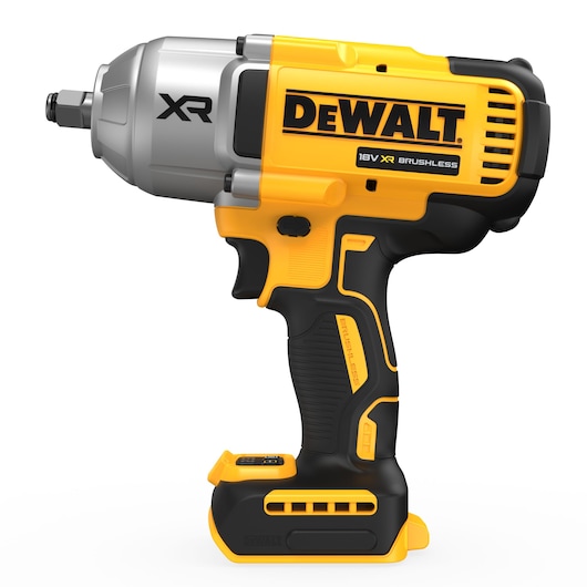 DEWALT 18V XR brushless impact wrench, yellow and black, cordless tool, side view.