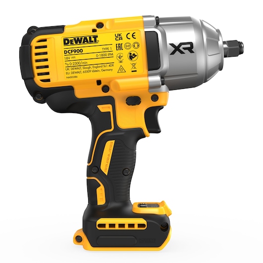 DEWALT DCF900N cordless impact wrench, yellow and black, with brushless motor and XR branding.