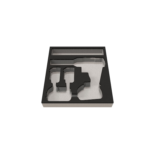 Black foam tool insert with cutouts for various power tool shapes, used for organized storage.