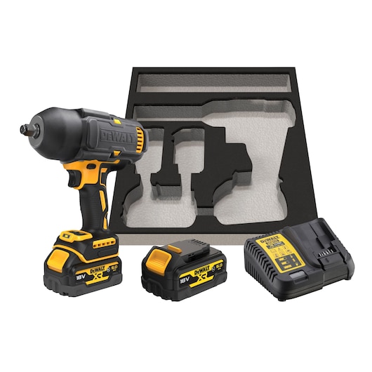 DEWALT cordless impact wrench kit with two 18V batteries, charger, and foam insert displayed.