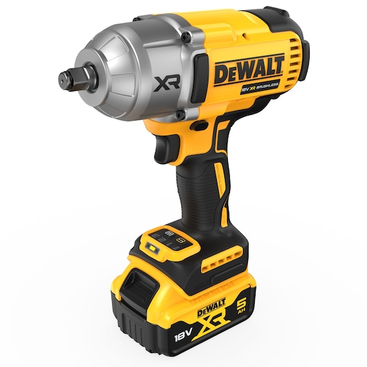 A DEWALT 18V XR cordless impact wrench with a yellow and black design, featuring a brushless motor and 5.0Ah battery.