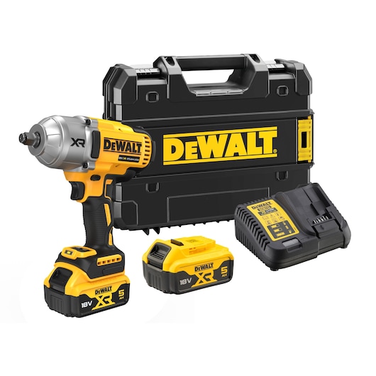 A DEWALT kit including a cordless impact wrench, two 18V XR batteries, a charger and a black carrying case with yellow DEWALT branding.