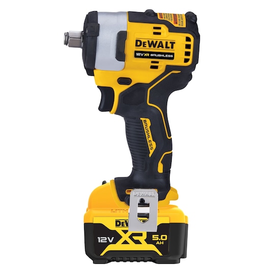 A yellow and black DEWALT 12V XR brushless cordless impact wrench with a 5.0 Ah lithium battery pack.