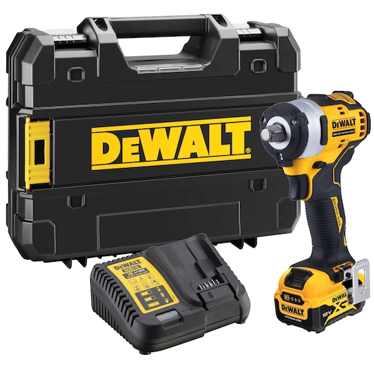 A DEWALT cordless impact wrench set, including a black and yellow impact wrench, a battery charger, and a sturdy plastic carry case with the DEWALT logo.