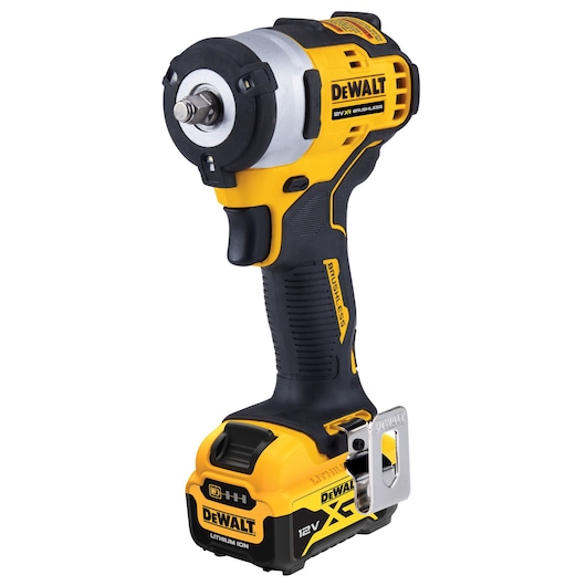 A DEWALT 12V cordless brushless impact wrench tool with a black and yellow design, featuring a lithium-ion battery and belt clip.