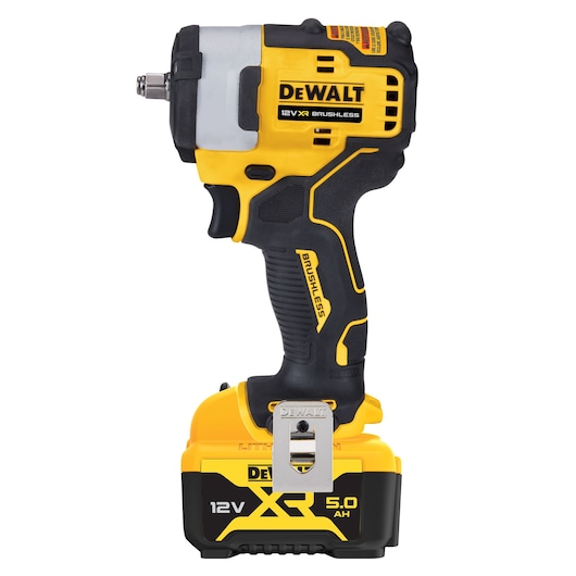 DEWALT 12V XR Brushless cordless impact wrench with a 5.0Ah lithium-ion battery, shown upright on a white background.