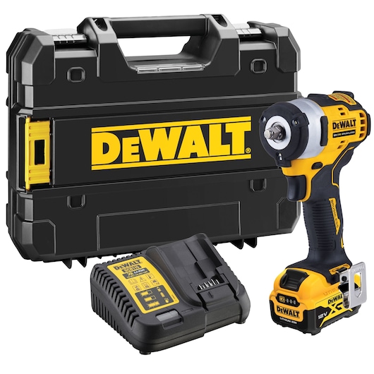 DEWALT cordless impact wrench kit including a black and yellow impact wrench, a battery charger, and a hard plastic carrying case with DEWALT branding.