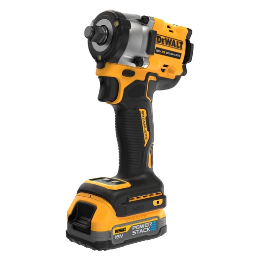 DEWALT DCF921E2T 18V cordless impact wrench with Powerstack battery, shown in yellow and black.