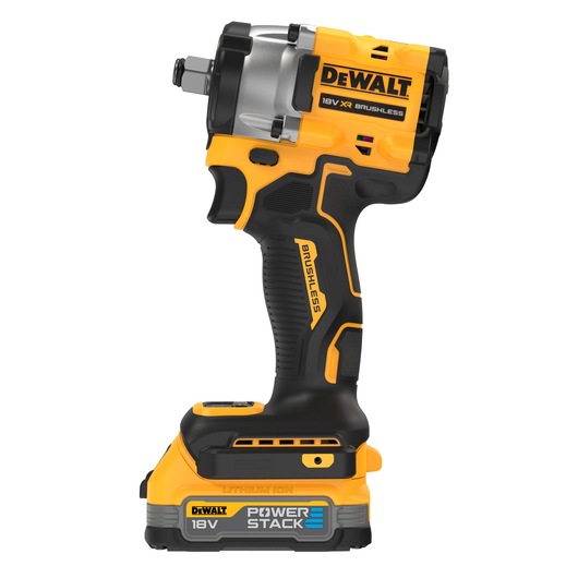 DEWALT 18V XR brushless cordless impact wrench with POWERSTACK battery, shown in yellow and black.