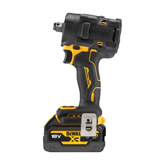 DEWALT 18V XR cordless brushless impact wrench with a black and yellow design, featuring a compact build and a rechargeable battery at the base.