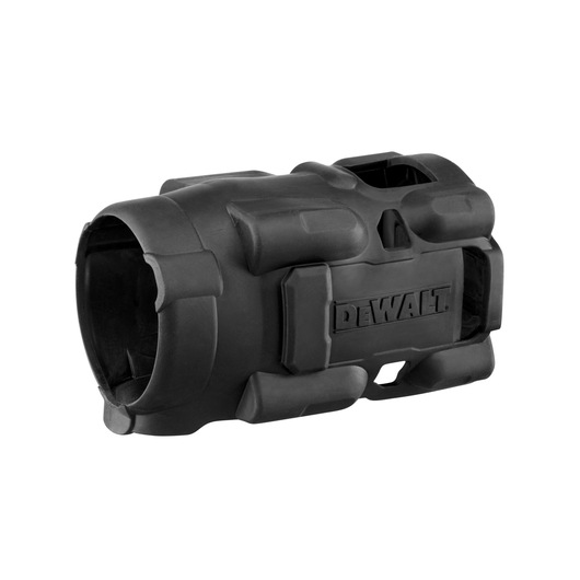A black rubber protective sleeve with rugged edges and DEWALT branding, designed to fit over power tools for extra grip and protection.