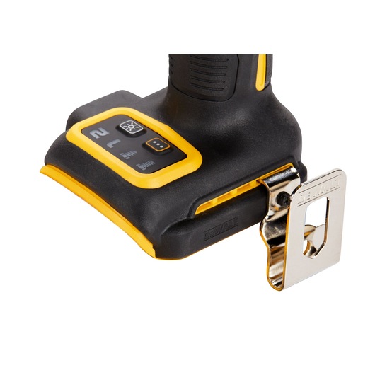 Close-up view of the base of a DEWALT cordless power tool showing control buttons and a metal belt clip.