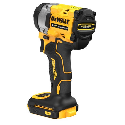 A DEWALT 18V XR brushless cordless impact wrench, mostly black and yellow in color, shown standing upright on a white background.