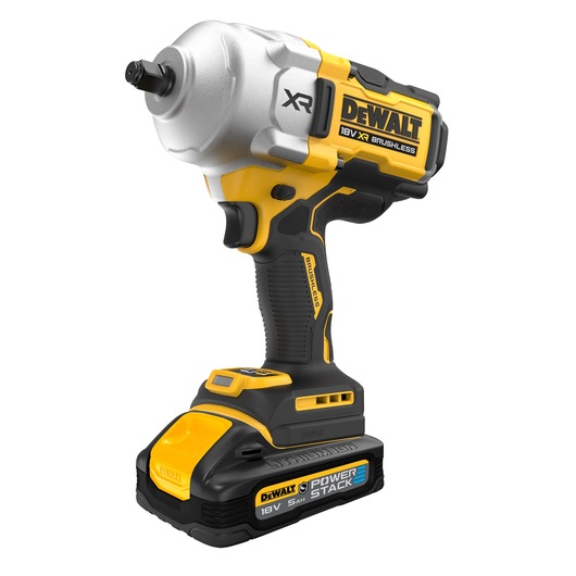 DEWALT DCF961H2G 18V XR brushless impact wrench with POWERSTACK battery, shown at an angle on white background.