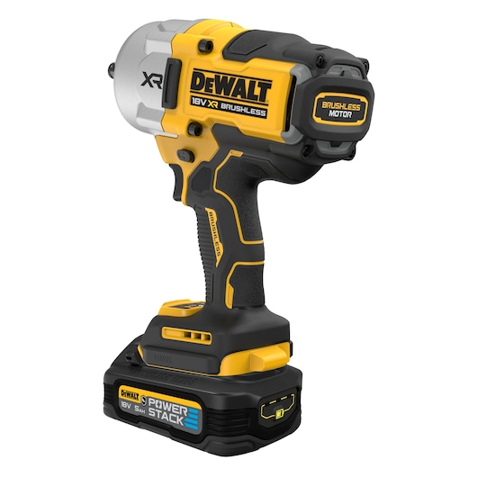 DEWALT 18V XR brushless cordless impact wrench with POWERSTACK battery, shown on a white background.