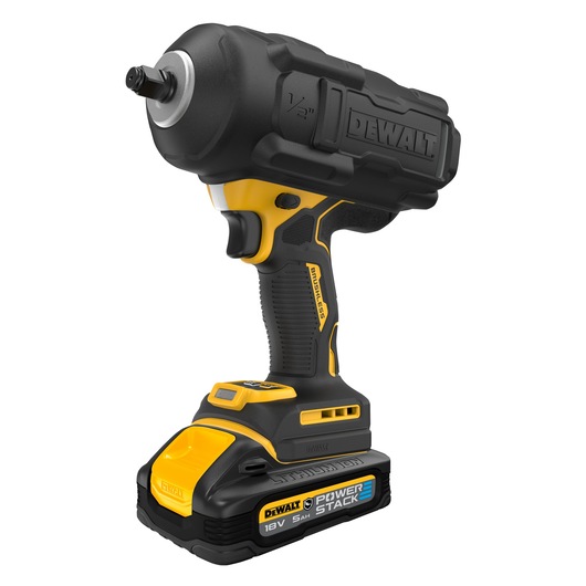 DEWALT 18V cordless impact wrench with PowerStack battery, black and yellow color, shown on white background.