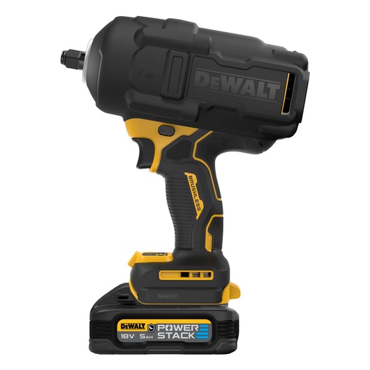 DEWALT cordless impact wrench with PowerStack 18V battery, black and yellow, ergonomic, brushless motor.