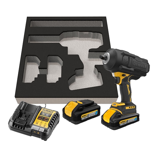 DEWALT impact wrench kit with foam tray, charger, two batteries, and tool, shown against a white background.