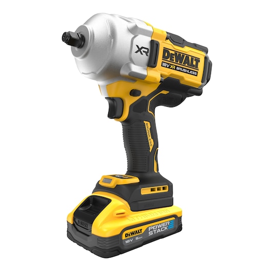 DEWALT 18V XR brushless cordless impact wrench with PowerStack battery, yellow and black, standing upright.