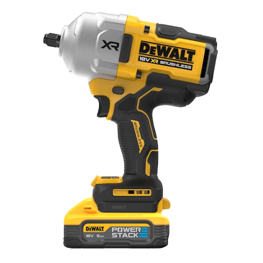 DEWALT 18V XR brushless impact wrench with Powerstack battery. Yellow and black cordless tool shown upright.