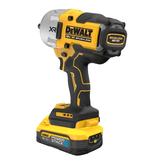 DEWALT 18V XR brushless impact wrench with Powerstack battery, yellow and black handheld tool.