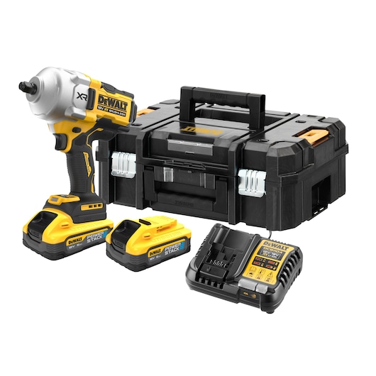 DEWALT cordless impact wrench with two batteries, charger, and a black tool case shown on a white background.