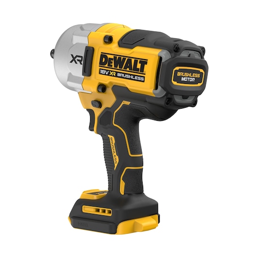 DEWALT 18V XR Brushless impact wrench with black and yellow body, shown from a front-side angle without battery attached.