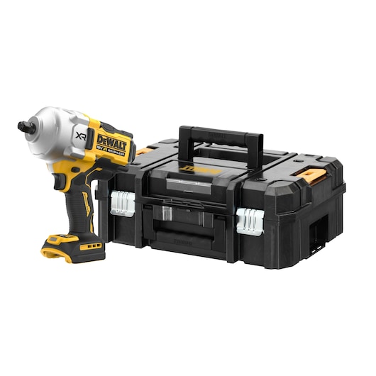 A DEWALT cordless impact wrench placed next to a black and yellow DEWALT toolbox with a central carrying handle.